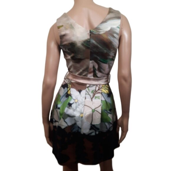 Y2K Butterfly Belted Dress Womens S Mini Sleeveless Fit flare Beige Green - Picture 7 of 11